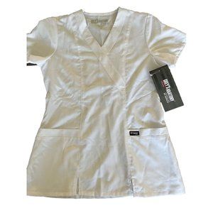 GREYS ANATOMY Barco Scrubs Top Mock Wrap V-Neck 3 Pocket White XS NWT